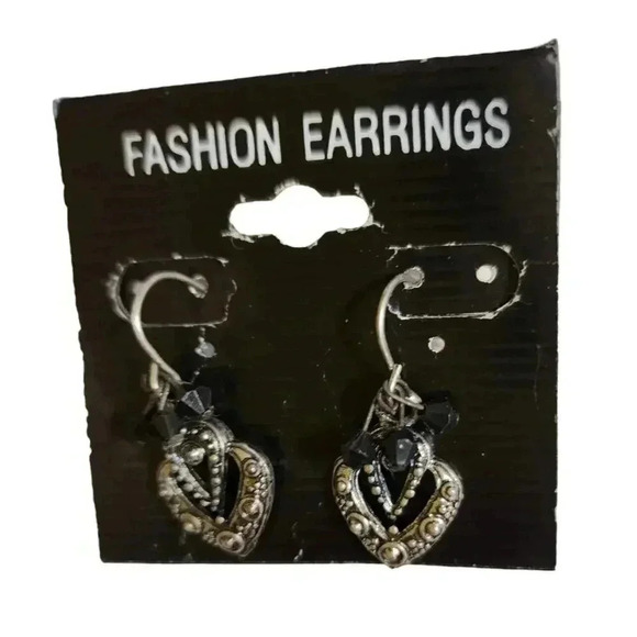 Vintage Silver Hearts and Bronze Lock Style Hook Fashion Earrings - Picture 2 of 3